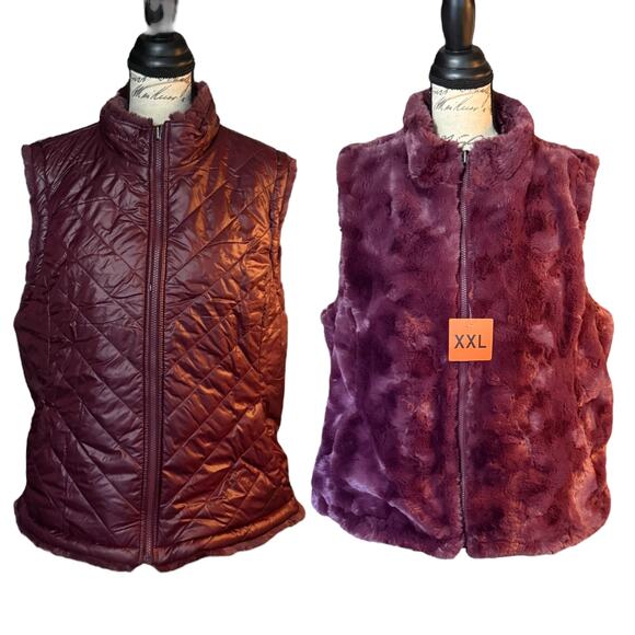 Nicole Miller Faux Fur Reversible Quilted Vest jacket Wine XX-Large - Picture 1 of 6